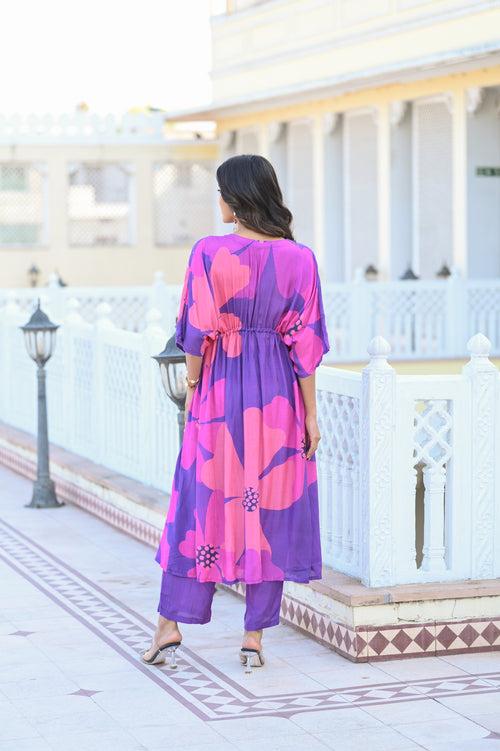 Bright Purple Bold Floral Print with Spread Sequins and Tari Work Kaftan with Pants