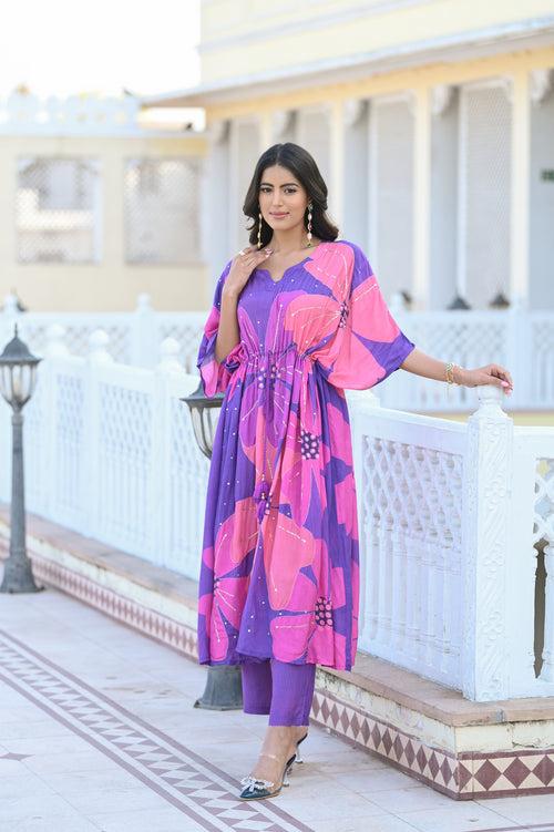 Bright Purple Bold Floral Print with Spread Sequins and Tari Work Kaftan with Pants