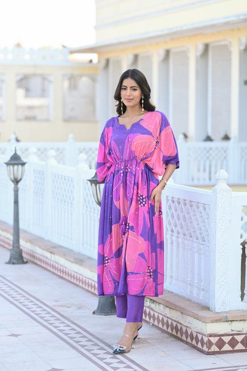 Bright Purple Bold Floral Print with Spread Sequins and Tari Work Kaftan with Pants