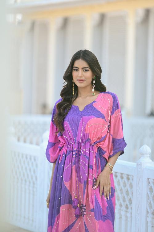 Bright Purple Bold Floral Print with Spread Sequins and Tari Work Kaftan with Pants