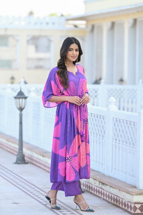 Bright Purple Bold Floral Print with Spread Sequins and Tari Work Kaftan with Pants