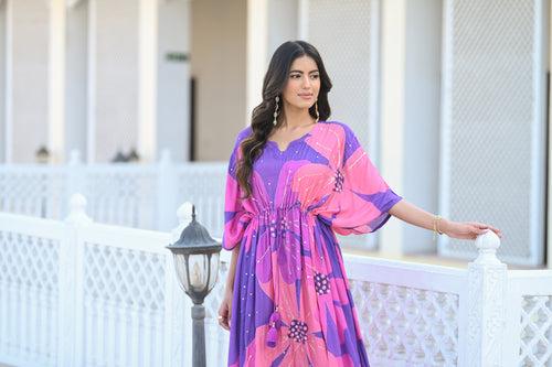 Bright Purple Bold Floral Print with Spread Sequins and Tari Work Kaftan with Pants