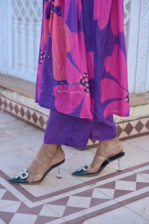 Bright Purple Bold Floral Print with Spread Sequins and Tari Work Kaftan with Pants