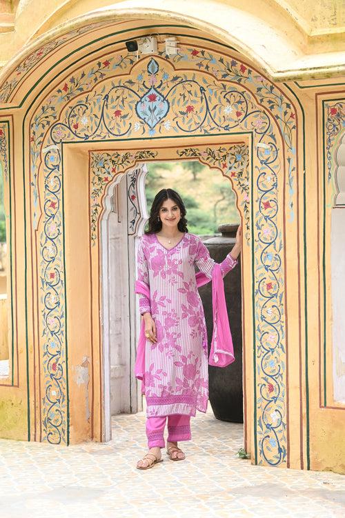 Stripy Floral Pink Muslin Suit Set with Pure Chiffon Dupatta