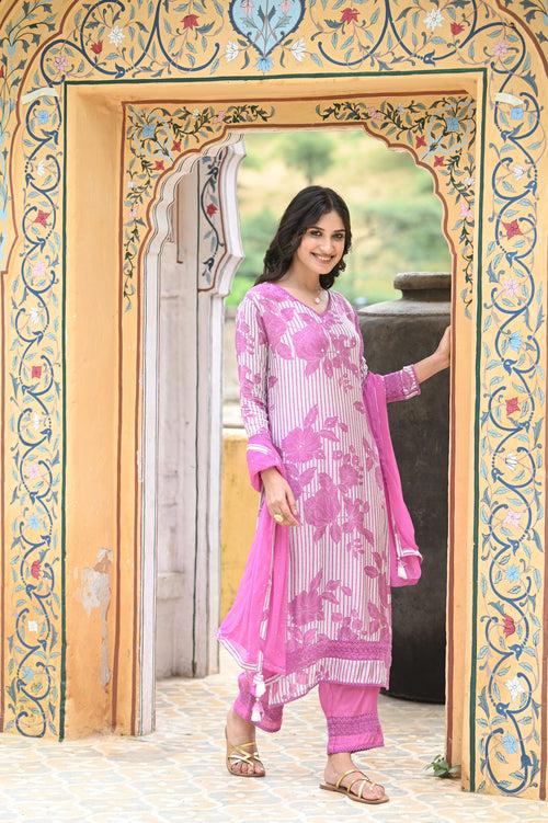 Stripy Floral Pink Muslin Suit Set with Pure Chiffon Dupatta