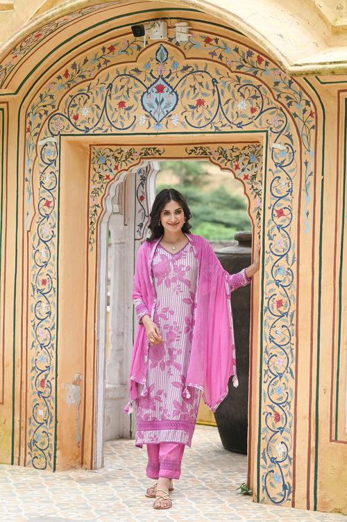 Stripy Floral Pink Muslin Suit Set with Pure Chiffon Dupatta