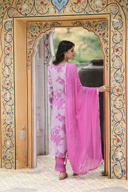 Stripy Floral Pink Muslin Suit Set with Pure Chiffon Dupatta