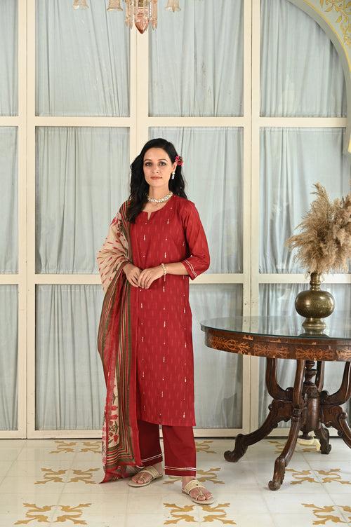 Red Begum Chanderi Unstitched Suit Set