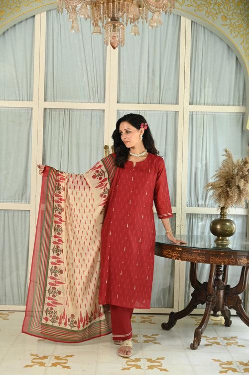 Red Begum Chanderi Unstitched Suit Set