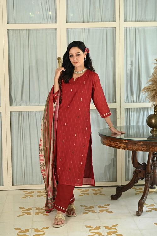 Red Begum Chanderi Unstitched Suit Set