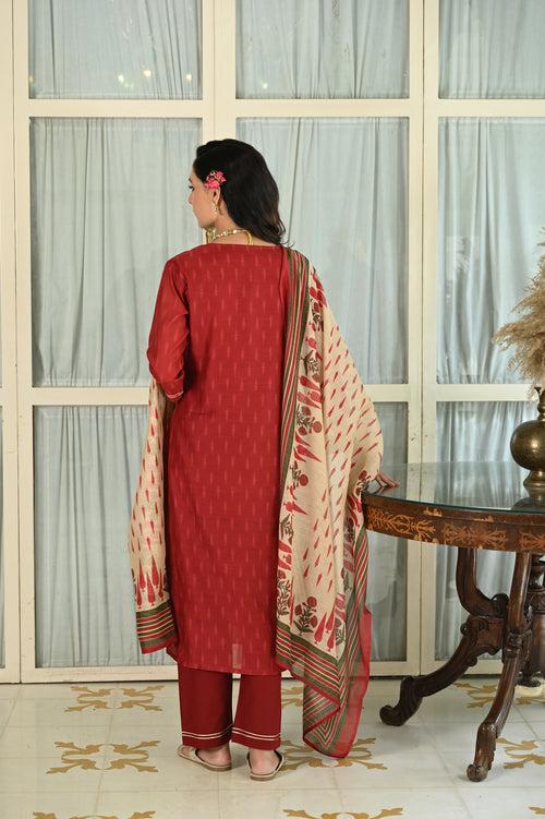 Red Begum Chanderi Unstitched Suit Set