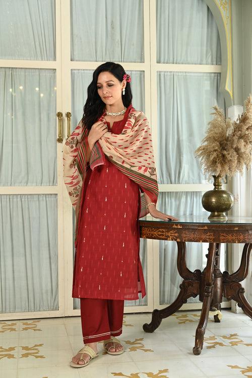 Red Begum Chanderi Unstitched Suit Set