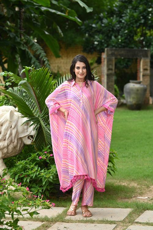 Pink Cheeky Lehriya Kaftan Set