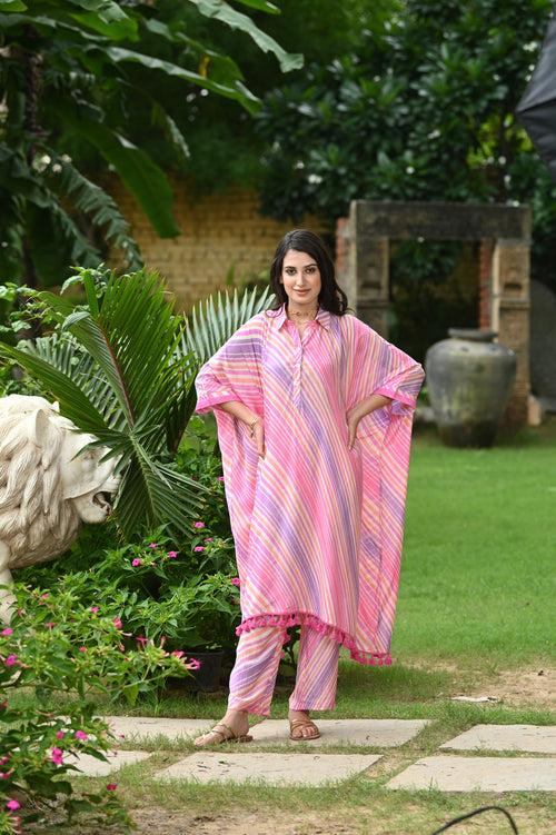 Pink Cheeky Lehriya Kaftan Set