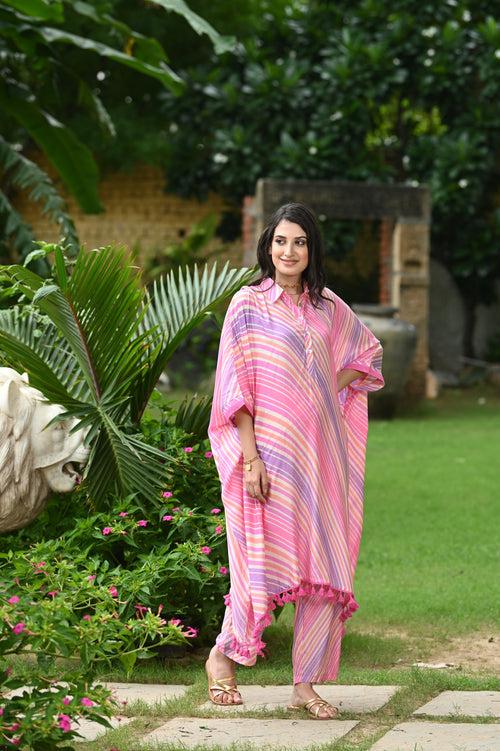 Pink Cheeky Lehriya Kaftan Set