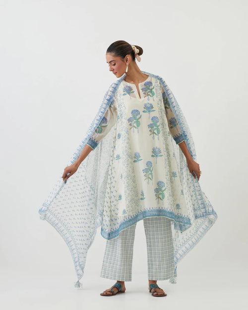 Off white hand block printed cotton chanderi short kalidar kurta set with all-over blue colored flower.