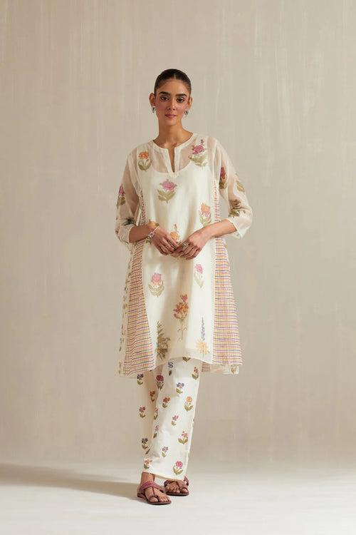 Off white hand block printed cotton chanderi short kalidar kurta set with all-over multi colored flower