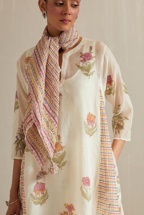 Off white hand block printed cotton chanderi short kalidar kurta set with all-over multi colored flower