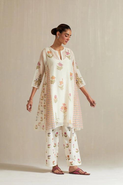 Off white hand block printed cotton chanderi short kalidar kurta set with all-over multi colored flower