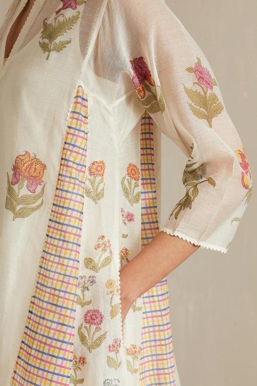 Off white hand block printed cotton chanderi short kalidar kurta set with all-over multi colored flower