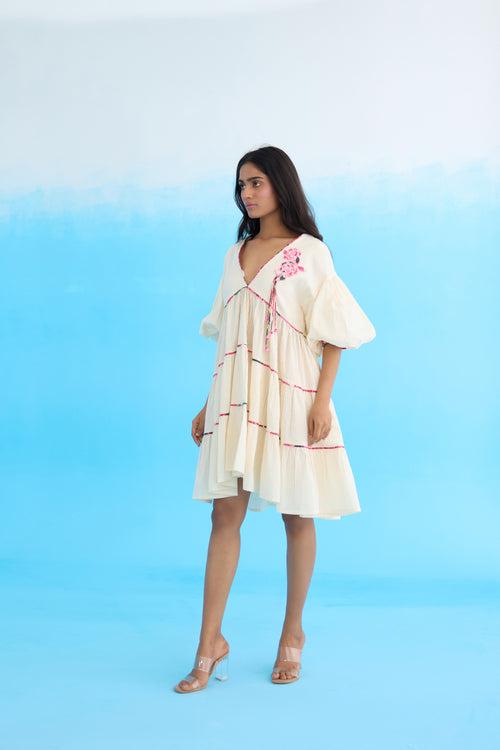 Cream bubble sleeves tier dress