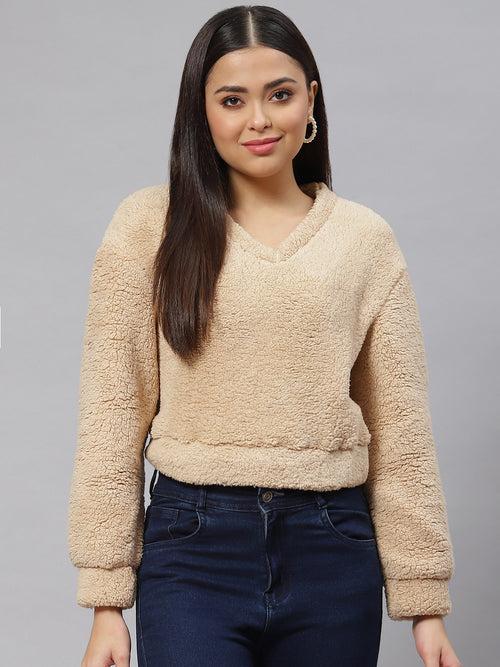 Beige Cropped Faux Fur Sweatshirt