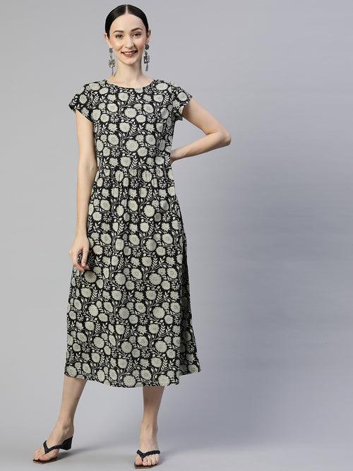 Black Floral Printed Cotton A-Line Dress