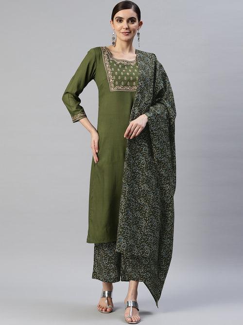 Women Olive Green Floral Yoke Design Kurta with Palazzos & With Dupatta