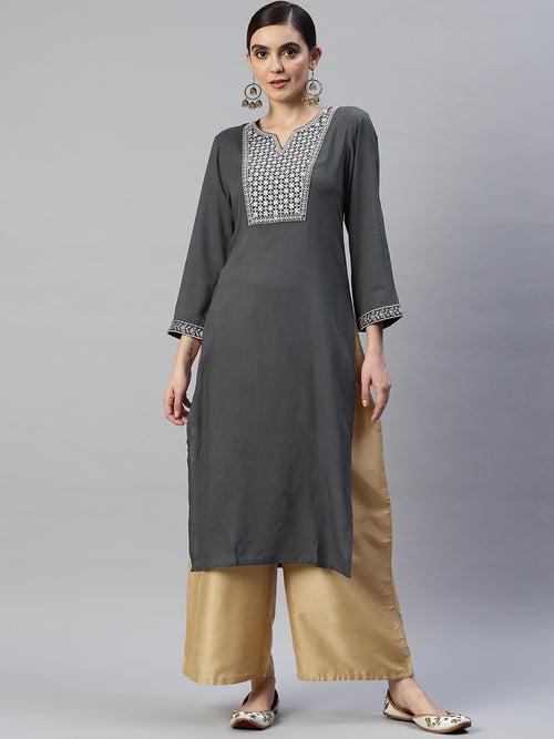 Charcoal Floral Yoke Design Kurta