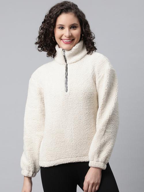 Women Off White Faux Fur Sweatshirt, Half Zipper