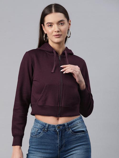 Burgundy Hooded Cropped Fleece Sweatshirt