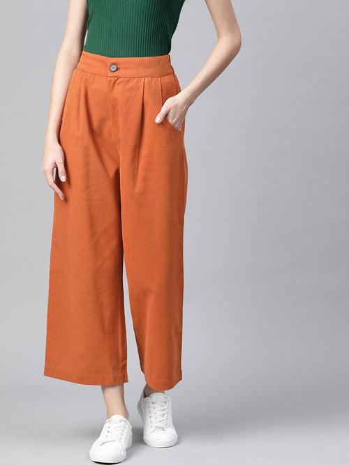 Women Rust Orange Cotton Cropped Parallel Trousers