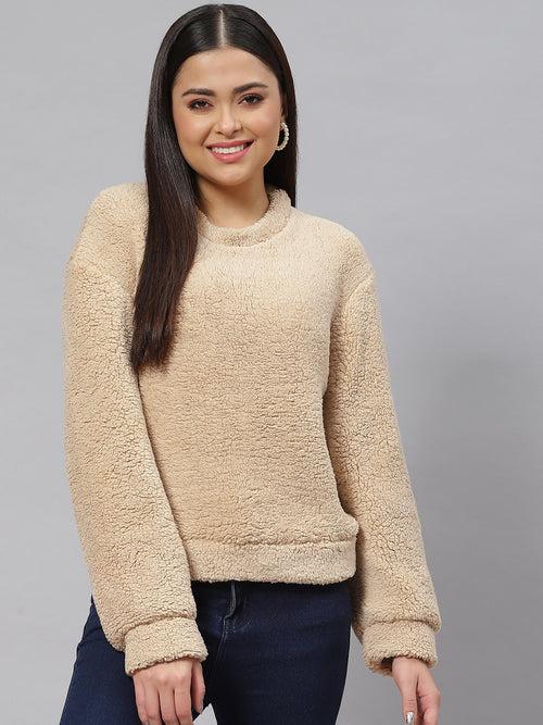 Woman Beige Faux Fur Sweatshirt