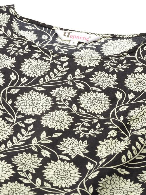 Black Floral Printed Cotton A-Line Dress