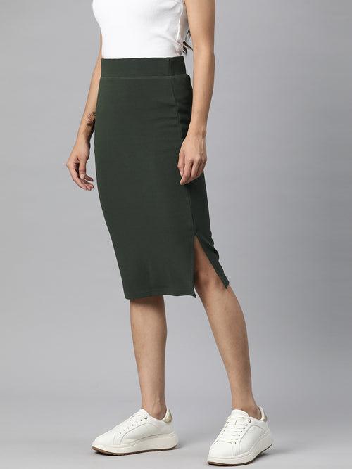 Olive Green Side Slit Pencil Skirt