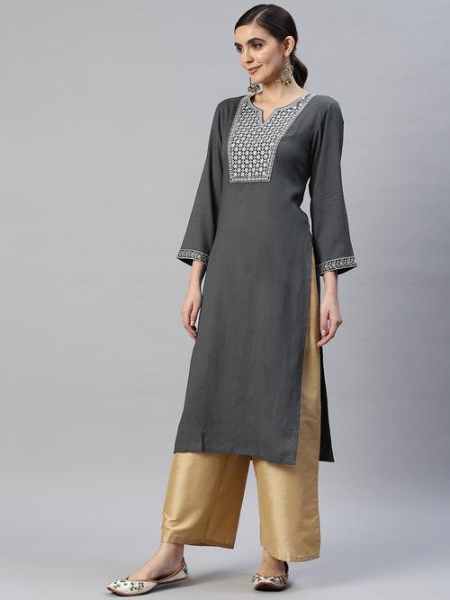 Charcoal Floral Yoke Design Kurta