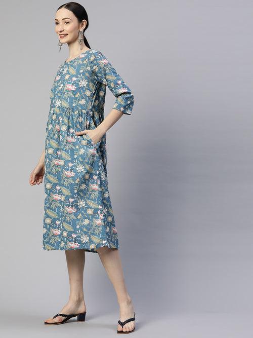 Turquoise Floral Cotton A-Line Midi Dress with Pocket