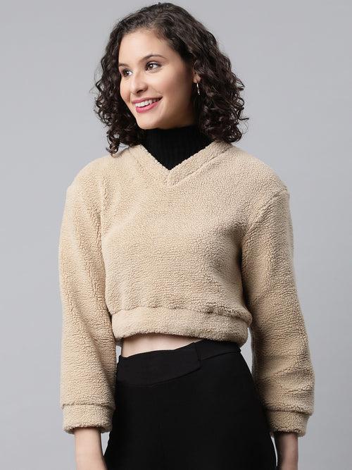 Beige Cropped Faux Fur Sweatshirt