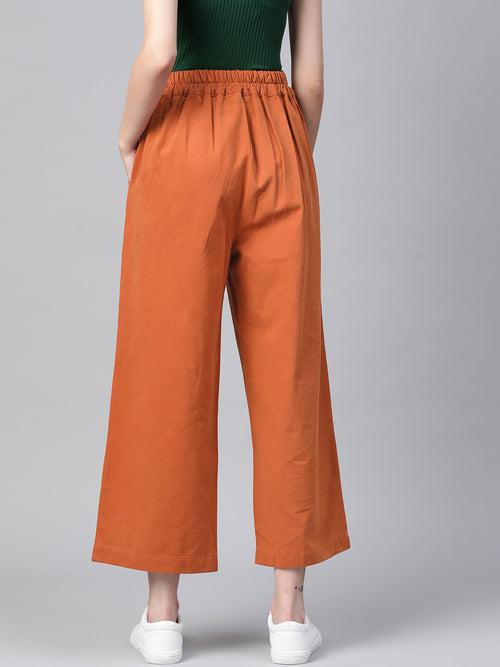 Women Rust Orange Cotton Cropped Parallel Trousers