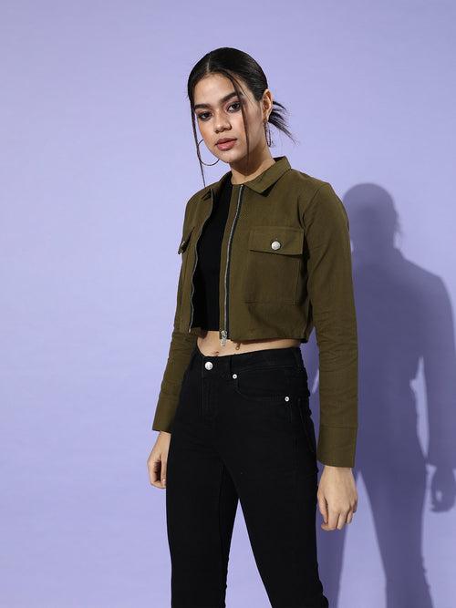 Olive Green Solid Pure Cotton Cropped Jacket