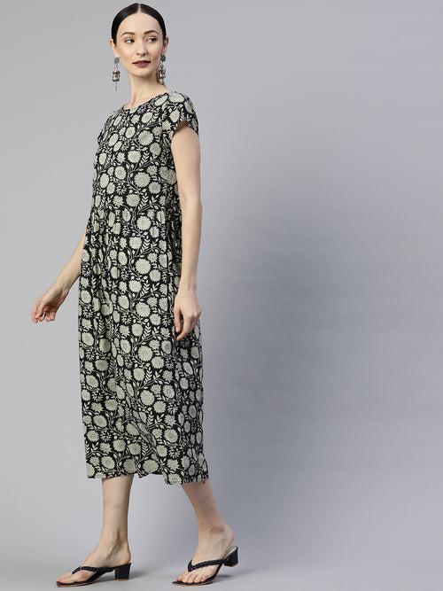 Black Floral Printed Cotton A-Line Dress