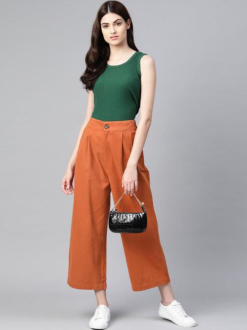 Women Rust Orange Cotton Cropped Parallel Trousers