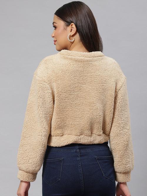 Beige Cropped Faux Fur Sweatshirt