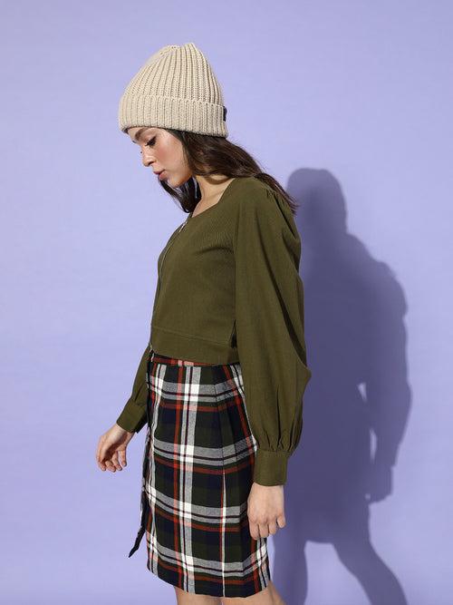 Women Lovely Olive Green Solid Pure Cotton Cropped Jacket