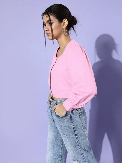 Women Pink Solid Pure Cotton Cropped Jacket