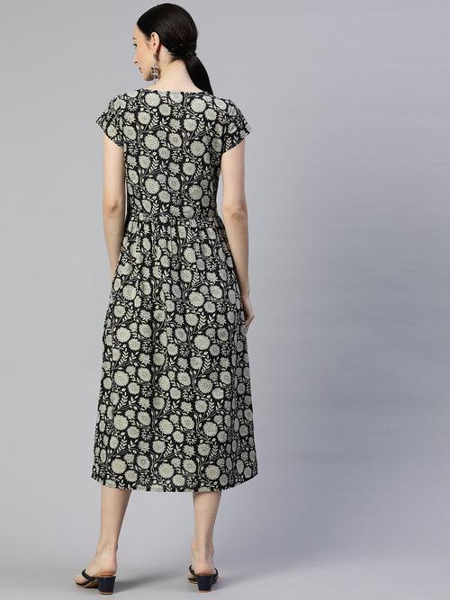 Black Floral Printed Cotton A-Line Dress