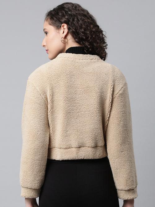 Beige Cropped Faux Fur Sweatshirt