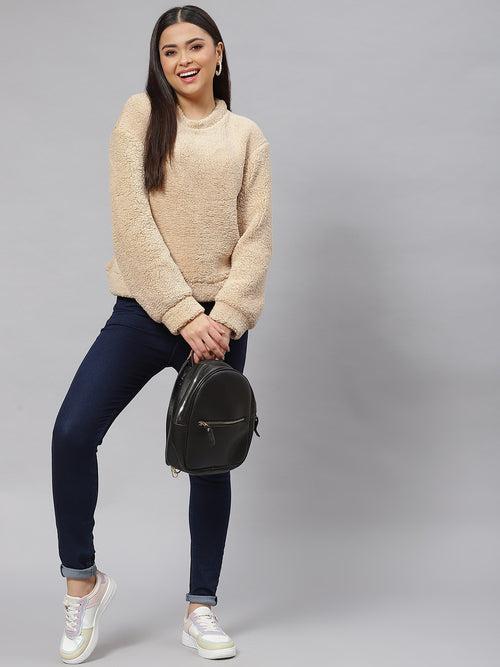 Woman Beige Faux Fur Sweatshirt