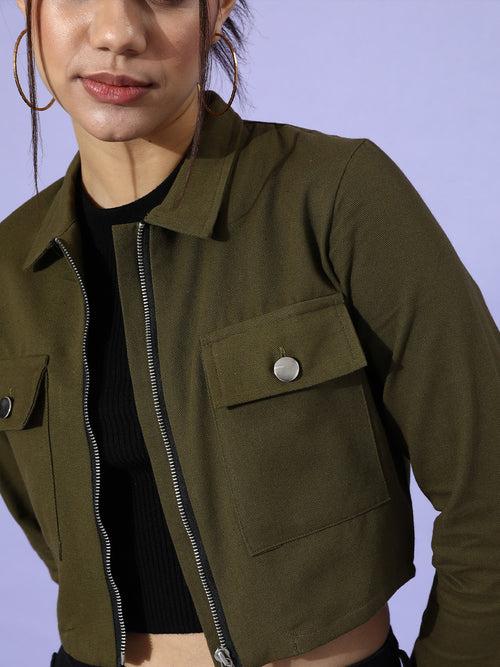 Olive Green Solid Pure Cotton Cropped Jacket