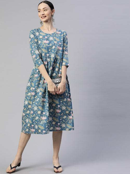 Turquoise Floral Cotton A-Line Midi Dress with Pocket